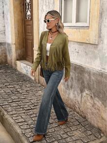Brillora Women's Solid Color Tassel Design Casual Versatile Daily Outing Open Front Long Sleeve Jacket - Green - View 6