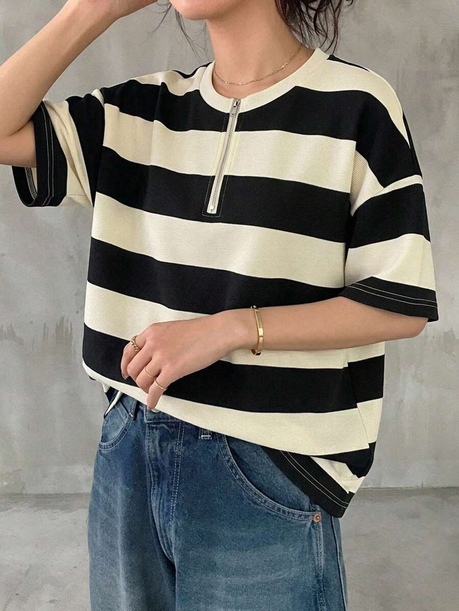 FRIFUL 女款黑白條紋寬鬆休閒T恤,夏季服飾 - 黑色 - 查看 1