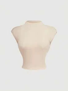 SHEIN MOD 女款棉質淺黃色兩件套：無袖時尚修身立領上衣 & 修身下裝 - 淡黃色 - 查看 5