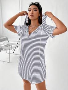 Vionelle Ribbed Ribbed Fashion Plus Size Women's Hooded Dress - Light Grey - View 8