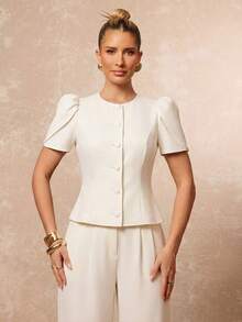 Lumalex Women's Elegant High Neck Gigot Sleeve Slim Fit Ivory Short Sleeve Blazer, Waist-Cinching Elegant Women's Blouse, Outing Top, Women's Outing Top, Women's Office Blouse, Women's Office Blouse, Formal Business Blouse, Luxurious New Year New Look, Low-Key Luxury, Ball Party Gathering Banquet, Low-Key Luxury, Sparkling Holiday Party Celebration - Apricot - View 14