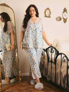 Côtesoire Elegant Romantic Floral Pattern Lace Hollow Out Plus Size Pajama Set - Multicolor - View 5
