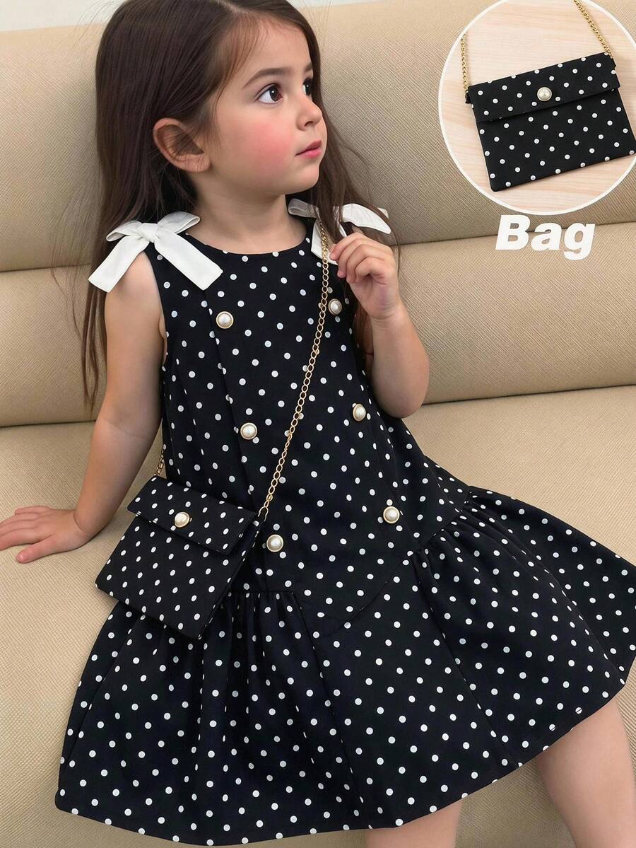 SHEIN 少女編織圓點圓領無袖休閒洋裝附斜背包 - 彩色 - 查看 1