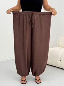 SHEIN CURVE+ Women's Plus Size Brown Long Pants Fashionable Plus Size Lantern Pants Daily Plus Size Commute Versatile Long Pants With Pockets - Brown - View 7