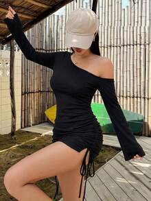 DAZY 女款夏季不對稱領口抽褶綁帶沙灘罩衫，性感透視泳衣披肩長袖上衣 - 黑色 - 查看 5