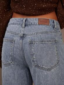 Athîral Denim 女款鉚釘設計口袋直筒寬鬆休閒牛仔長褲 - 藍色 - 查看 1