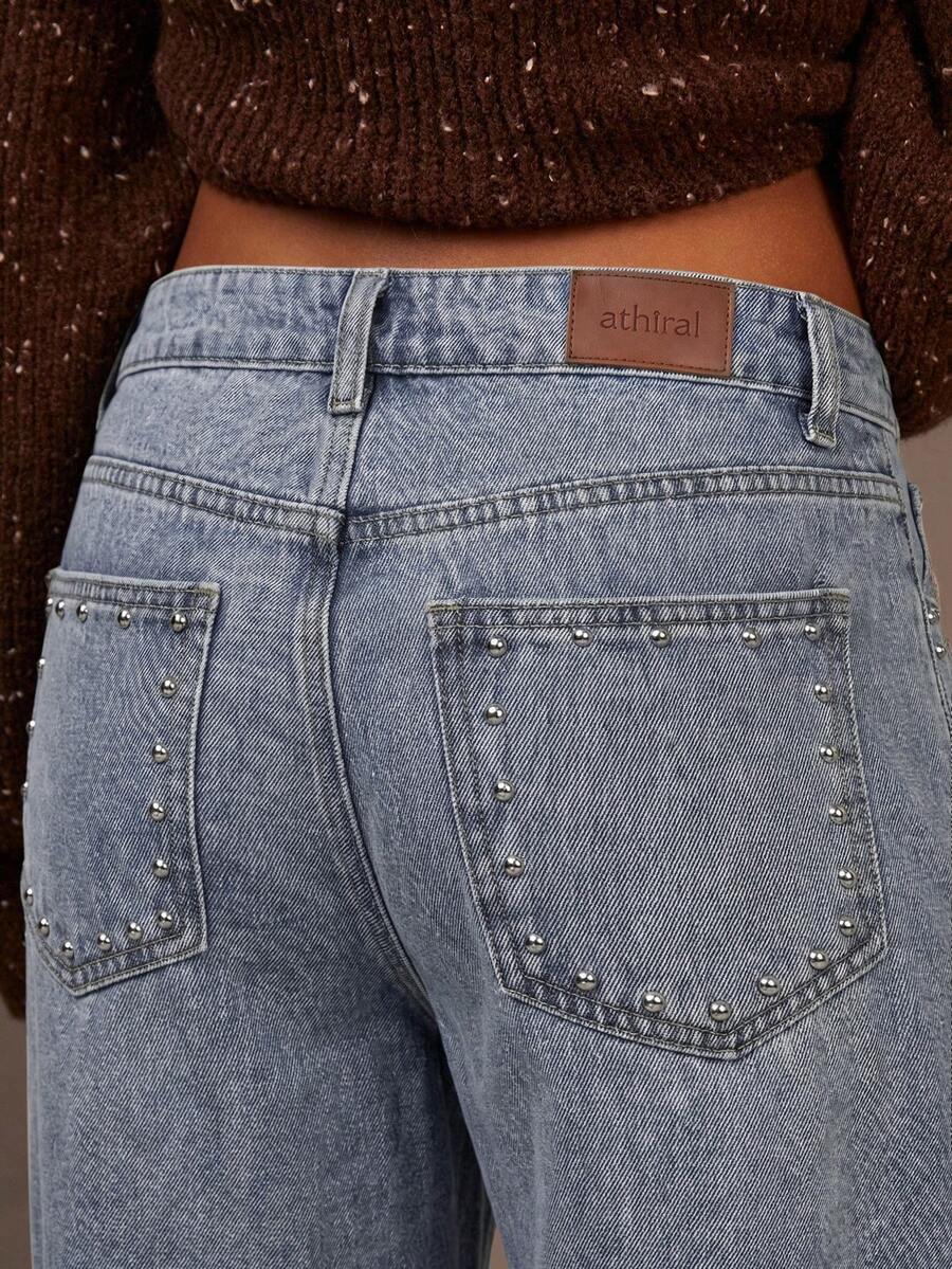 Athîral Denim 女款鉚釘設計口袋直筒寬鬆休閒牛仔長褲 - 藍色 - 查看 1