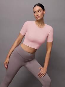 Activina Women's Solid Color Back Cutout Design Short Sleeve Sports T-Shirt - Pink - View 5