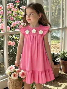 SHEIN Vintaside Kids 年轻女孩优雅甜美可爱贴花圆领短袖荷叶边下摆宽松休闲时尚连衣裙，适合度假旅行夏季穿着。 - 西瓜粉 - 查看 4