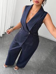SHEIN Clasi Plus Size Women's Summer Fashion Elegant Commute Striped Sleeveless Top Wide Leg Pants 2pcs Set Formal Office Navy Blue - Navy Blue - View 4