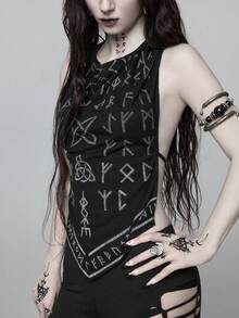 ROMWE Dark Gothic Rune Pattern All-Over Print Sexy Backless Lace-Up Halter Tank Top - Black - View 1