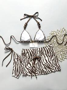 Swim Mod New Women's 3-Piece Swimsuit Set, Summer Beach & Seaside Versatile Vacation Series, Bikini Triangle Bottoms With Mesh Mini Skirt, Popular Beige-Brown Zebra Print, Brown Beaded Trim, Metal Ocean Star Accessories, Adjustable Triangle Top, Tie-Side Triangle Bottoms, Split Mesh Mini Skirt, Suitable For Summer Beach, Pool, And Vacation Wear - Multicolor - View 2