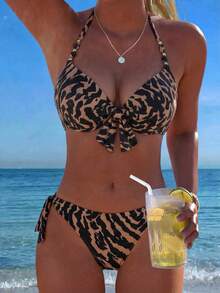 Swim Lushoire American Style Hot Girl Vintage Leopard Print Halter Neck Push-Up Top With Bow & Beaded Decoration, Back Tie & Side Tie Bikini Bottoms, Summer Vacation Music Festival Beach Party Niche Eye-Catching Hot & Relaxed Vibe Youthful Seaside Photo-Ready Island Holiday Outfit - Brown - View 3
