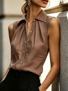 SHEIN Sleeveless Collared Shirt, Pleated Design To Flatter Shoulder And Neckline, Pearl Button Accents, Elegant And Professional, Suitable For Commuting Or Daily Wear - Brown - View 3