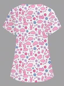 PopScrub Women's White V-Neck Short Sleeve Double Pocket Cute Rabbit Pattern Nurse Doctor Healthcare Health Check Surgical Scrub Pet Grooming Work Uniform Top - White - View 2