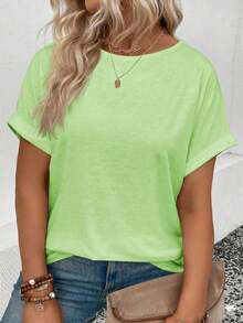 EMERY ROSE Women's Summer New Plus Size Round Neck Loose Casual Plus Size T-Shirt - Green - View 1