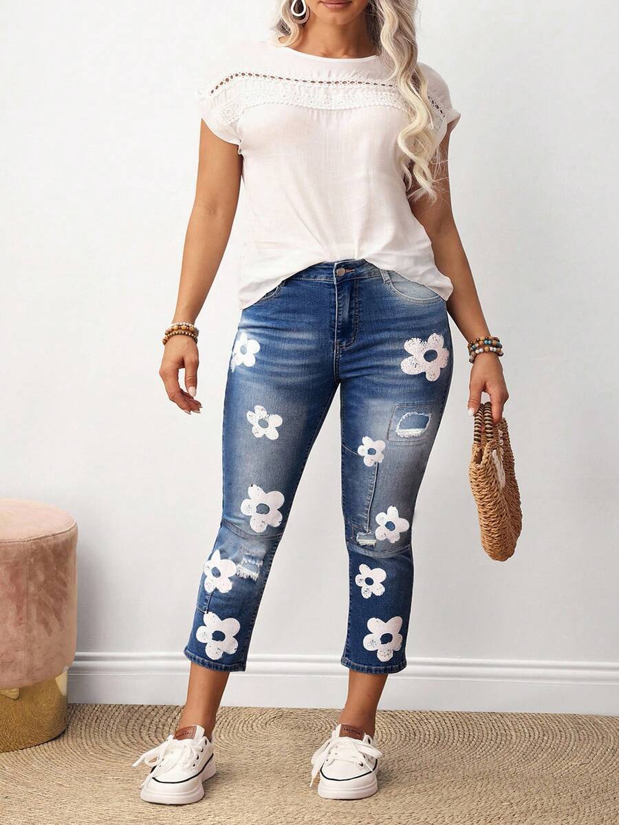 EMERY ROSE Plus Size Women's Floral Print Pocket Tight Distressed Fashion Jeans - Dark Wash - View 1