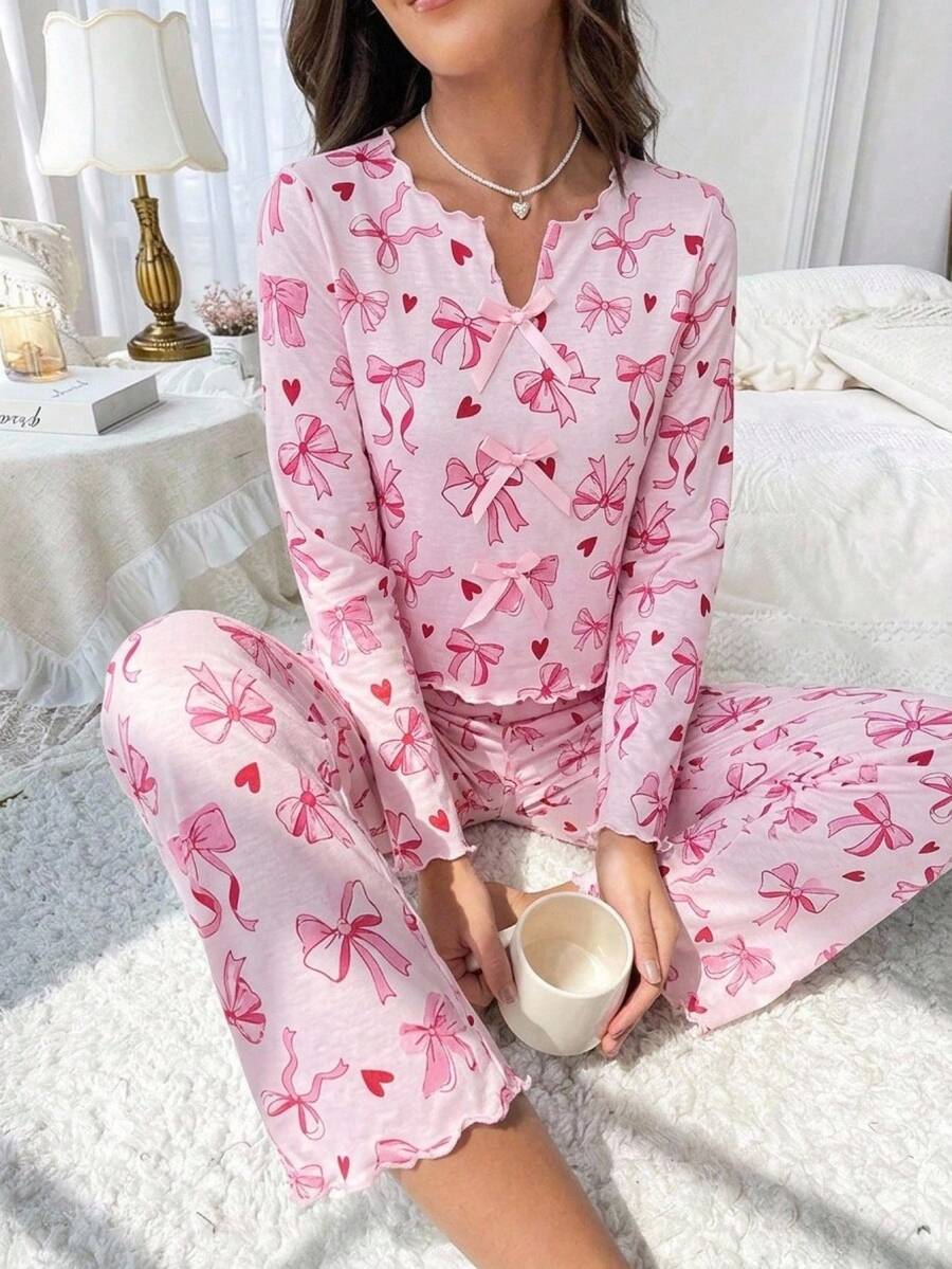 SHEIN 青少年女孩休閒日常百搭舒適寬鬆蝴蝶結圖案家居服 秋冬套裝 - 淺粉色 - 查看 1