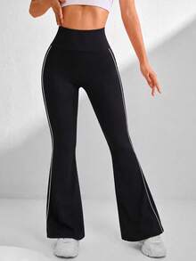 SHEIN Sports 1pc Black Contrast Line High Waist Flared Yoga Pants, Butt Lifting Slimming Sports Leggings, Soft Comfortable Fit, Suitable For Workout, Running, Casual, Yoga - Black - View 3