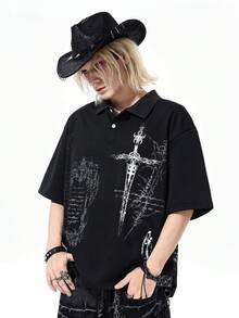 ROMWE MEN Men's Cross Slogan Print Casual Versatile Daily Wear Short Sleeve Polo Shirt - Black - View 4