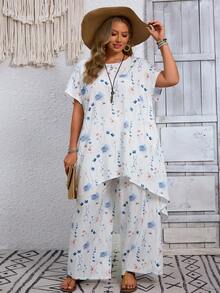 EMERY ROSE Plus Size Women's Floral Print Asymmetric Hem Shirt And Pants Casual Boho Set Vacation White Summer - Multicolor - View 6