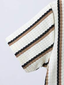SHEIN Young Boy Striped Pattern Short Sleeve Shirt & Plain Pants Set - Brown - View 5