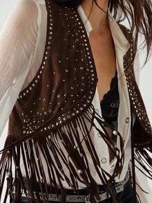 Easelle Bohemian Music Festival Sequin Rivet Fringe Vest Women's Vest - Coffee Brown - View 2