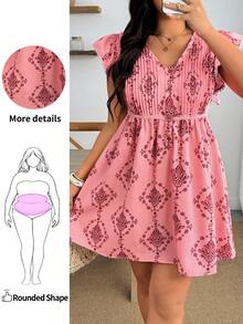 Enliva Plus Size Casual Minimalist Small V-Neck Vintage Bohemian Print Pattern Women's Short Dress, Suitable For Spring/Summer Fashion, Vacation, Casual, Daily Wear, For Apple And Rounded Body Shape - Multicolor - View 3