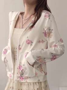 Livesso Veste décontractée à capuche pour femme, coupe ample, imprimé floral intégral, design floral romantique, coupe régulière - Blanc - Voir 5