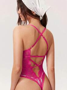 SHEIN 花卉蕾丝交叉低胸露背连体衣内衣 - 紫色 - 查看 3