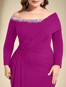 Coutiva Plus Size Women's Off-Shoulder Formal Evening Gown (Heavily Embellished) - Hot Pink - View 3
