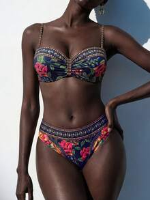 SHEIN Swim 女士新款随机印花细肩带露背聚拢比基尼套装，春夏时尚之选 - 彩色 - 查看 4