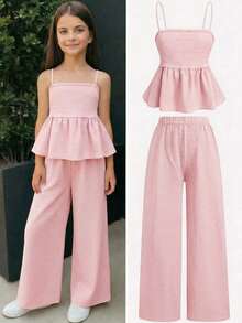 Girlism Conjunto de top camisola con volantes en el bajo y pantalones de color liso para niña preadolescente - Rosa - Ver 3
