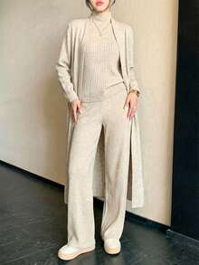 Knit Top Pant Cardigan 3 Pcs Set Knit Set - بيج - مشاهدة 4