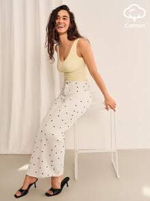 lacRébo Women's Polka Dot Pattern Pocket Straight Leg Loose Casual Versatile Denim Jeans - White - View 1