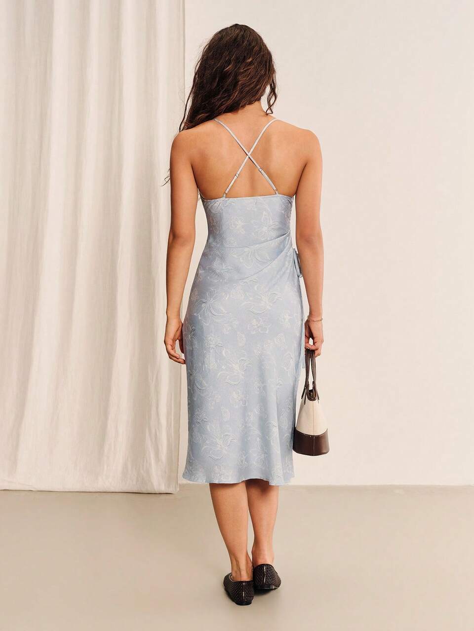 Saten Light Blue Floral Cowl Neck Midi Dress With Side Tie Gathering And Tied Straps Summer Vacation Casual Elegant Evening Dress