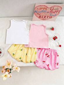 SHEIN 4件/組少女甜美櫻桃與檸檬印花細肩帶背心上衣、櫻桃與檸檬格紋甜美短褲，清新夏季度假風，適合海灘、外出與夏季假期穿著 - 彩色 - 查看 2