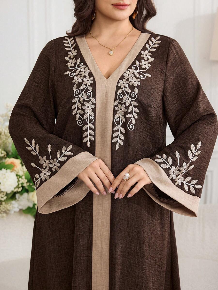 Al Najma Vestido Árabe Casual de Fiesta con Cuello en V y Patrón de Bordado Floral para Mujeres Talla Grande