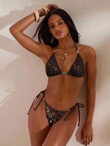Opulessa Bra Bikini Seksi Wanita dengan Hiasan Payet dan Manik-manik - Coklat - View 3