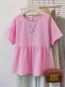 SHEIN EZwear 大尺碼女款圓領條紋百褶休閒百搭日常出遊襯衫 - 粉色 - 查看 10