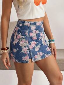 SHEIN Holidaya 女款花卉印花百褶設計側開衩下擺牛仔裙 - 藍色 - 查看 4
