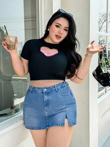 SHEIN ICON 大尺碼女款休閒牛仔裙褲 - 淺色水洗藍 - 查看 5