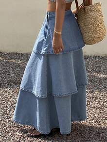 Livesso Women's Loose Ruffled Denim A-Line Skirt - Blue - View 2