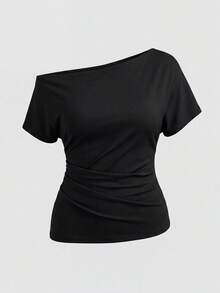 Sweetra Women's New Fashion Versatile Solid Color Asymmetrical Shoulder Cinched Waist Top + Long Pants 2 Pieces Set Casual Simple Elegant Two Pieces Pants Set - Black - View 6