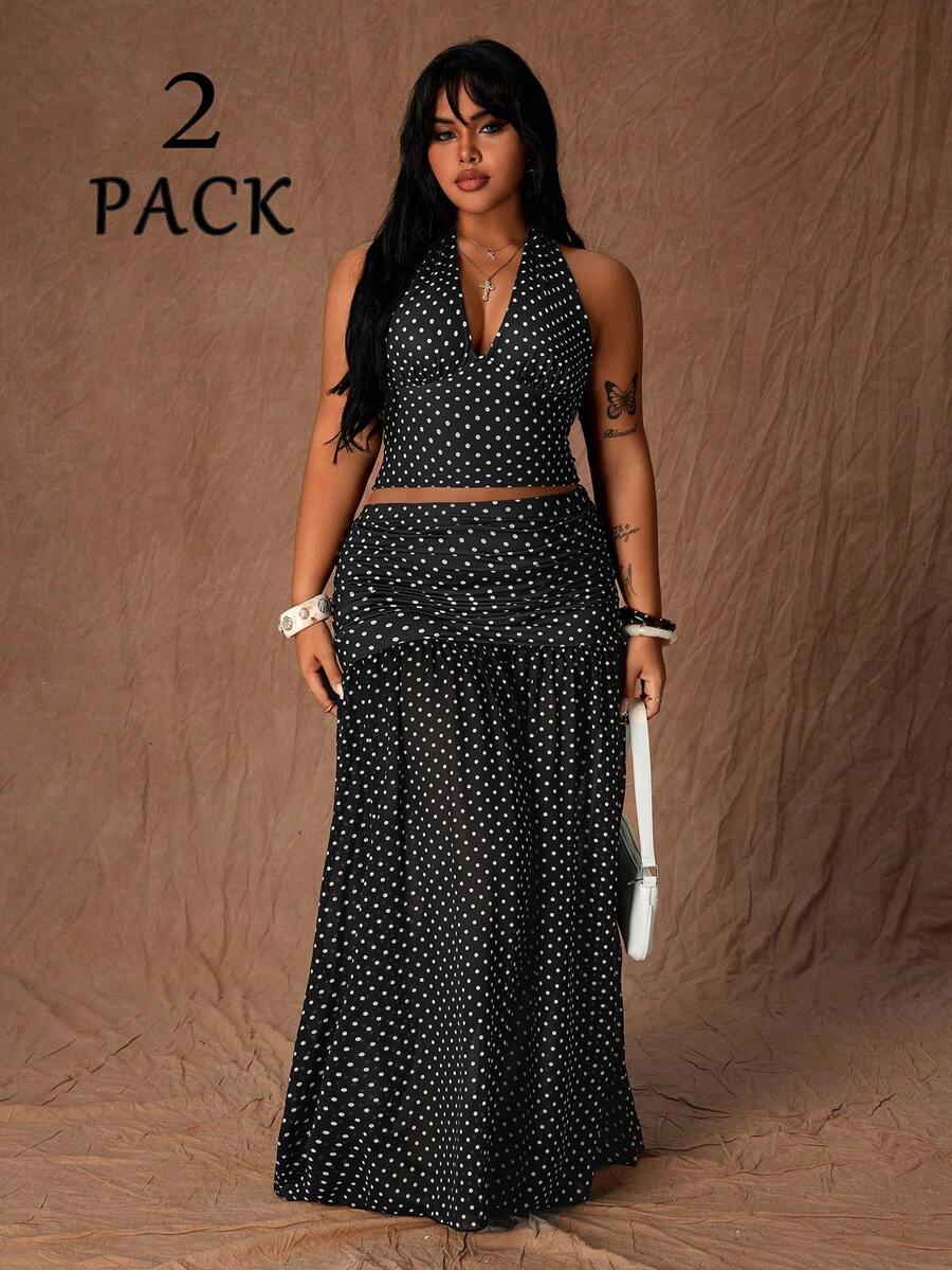 Rustia Plus Size Women's Unique Polka Dot Halter Neck Camisole And Tie Waist Skirt Set, French Retro Vibe, Suitable For Summer Beach Vacation - Black and White - View 1