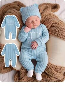 SHEIN Bộ đồ liền thân dệt kim gân họa tiết slogan cho bé trai - Màu xanh lam - Xem 1