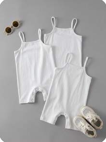 SHEIN Babygirl Summer Cute Simple Solid Color Elastic Strap Romper 3pcs Set - White - View 2