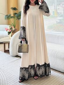 Yasmyna Loose Fit Black Lace Patchwork Daily Women's Arabic Abaya - Apricot - View 8