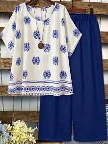 Linhara Plus Size Printed Bat-Sleeved Top And Wide-Leg Pants 2pcs/Set, Women's Summer Outfit ,Vacation Set - Blue - View 1