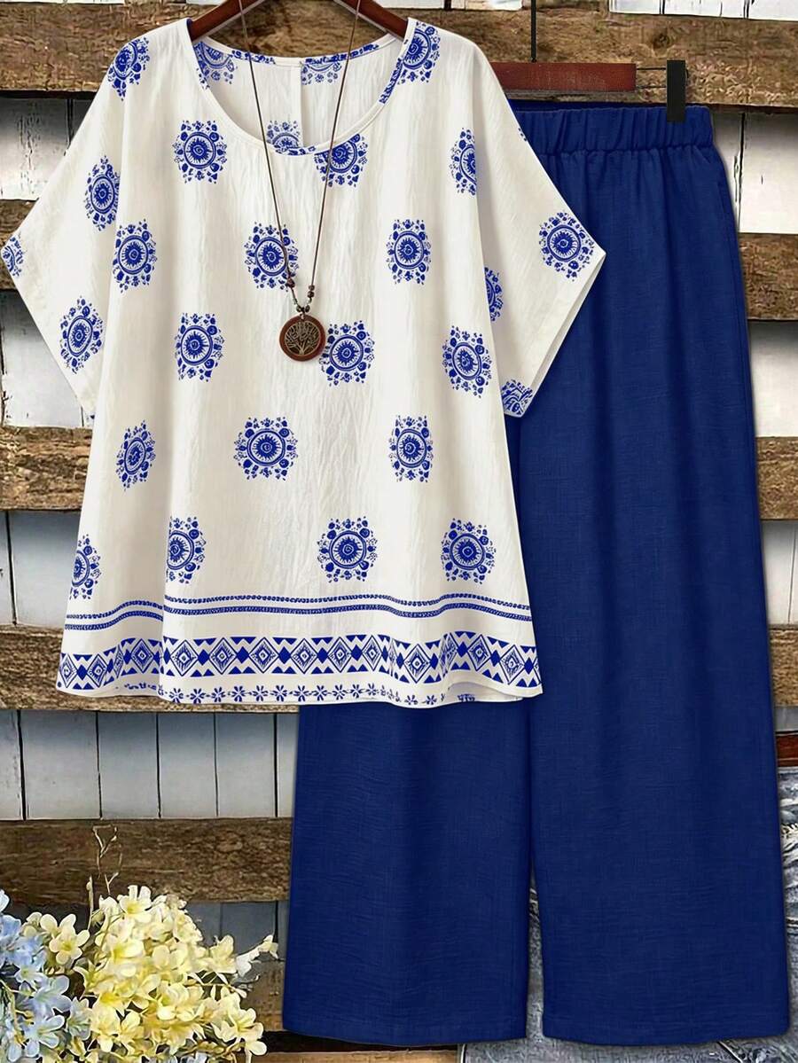 Linhara Plus Size Printed Bat-Sleeved Top And Wide-Leg Pants 2pcs/Set, Women's Summer Outfit ,Vacation Set - Blue - View 1